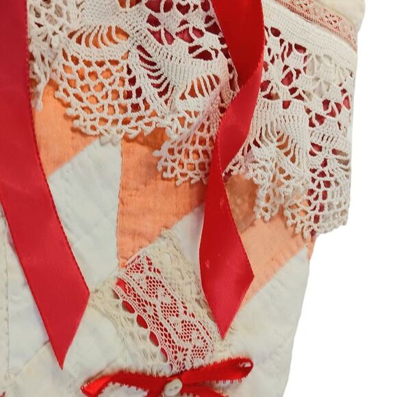 Christmas Stocking Set Vintage Quilt and Lace Two Red Cream Cottage Farmhouse - Picture 6 of 16